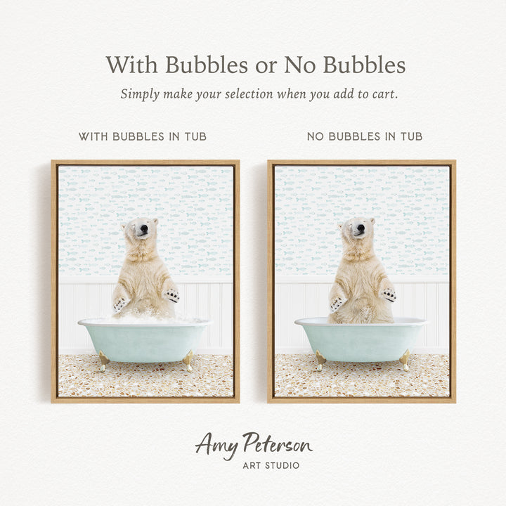The image is a collage of two pictures featuring a polar bear sitting in a bathtub. The polar bear is sitting upright, with its paws in the water, and appears to be enjoying the bath. The image does not contain any text, and the polar bear is the main subject.