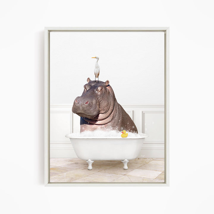 A hippopotamus is sitting in a bathtub filled with water, with a bird perched on its head.