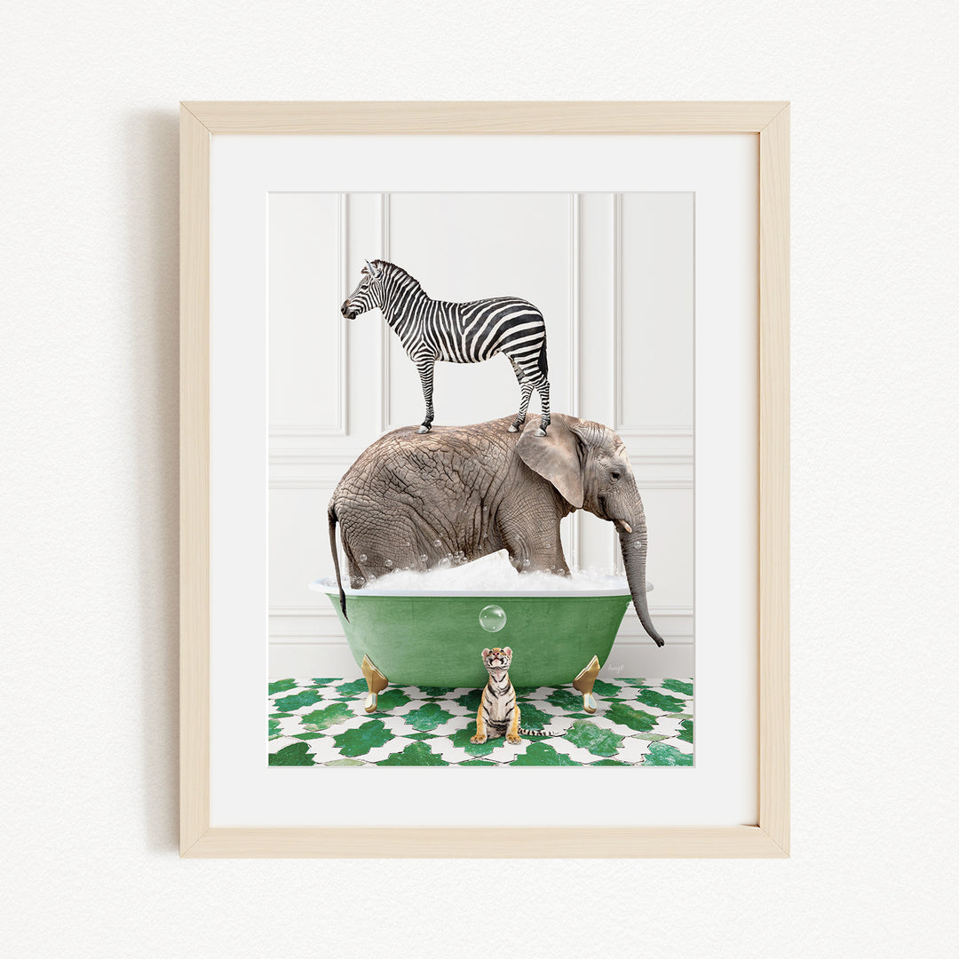 A framed collage of a zebra standing on an elephant's back, with a tiger sitting in a green bathtub, all set against a white background.