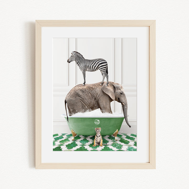 A framed collage of a zebra standing on an elephant's back, with a tiger sitting in a green bathtub, all set against a white background.