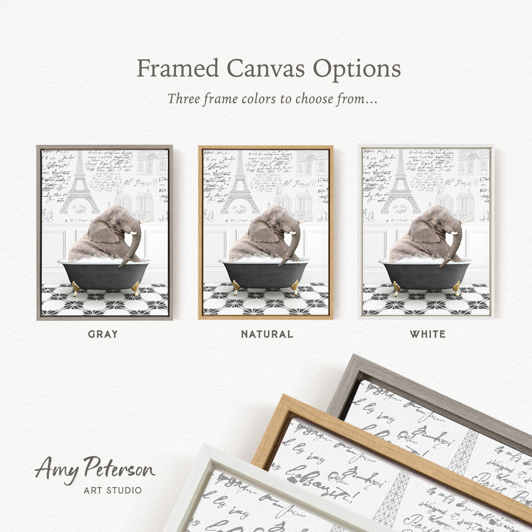 The image is a framed canvas option featuring three different colored frames with a black and white image of an elephant sitting in a bathtub.