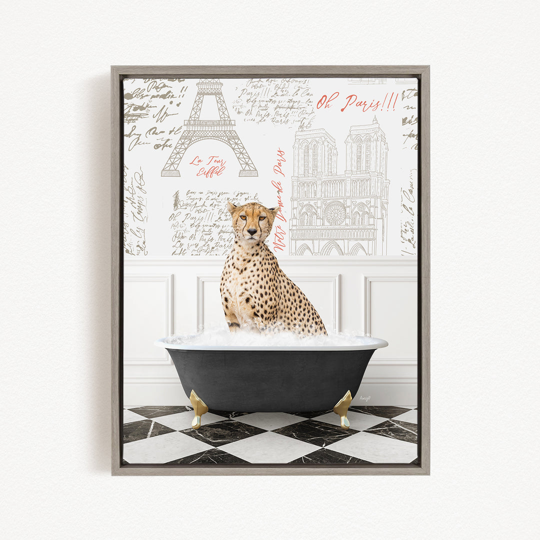 A cheetah sitting in a bathtub filled with water, surrounded by a checkered floor and a wall with the Eiffel Tower and other Parisian landmarks.