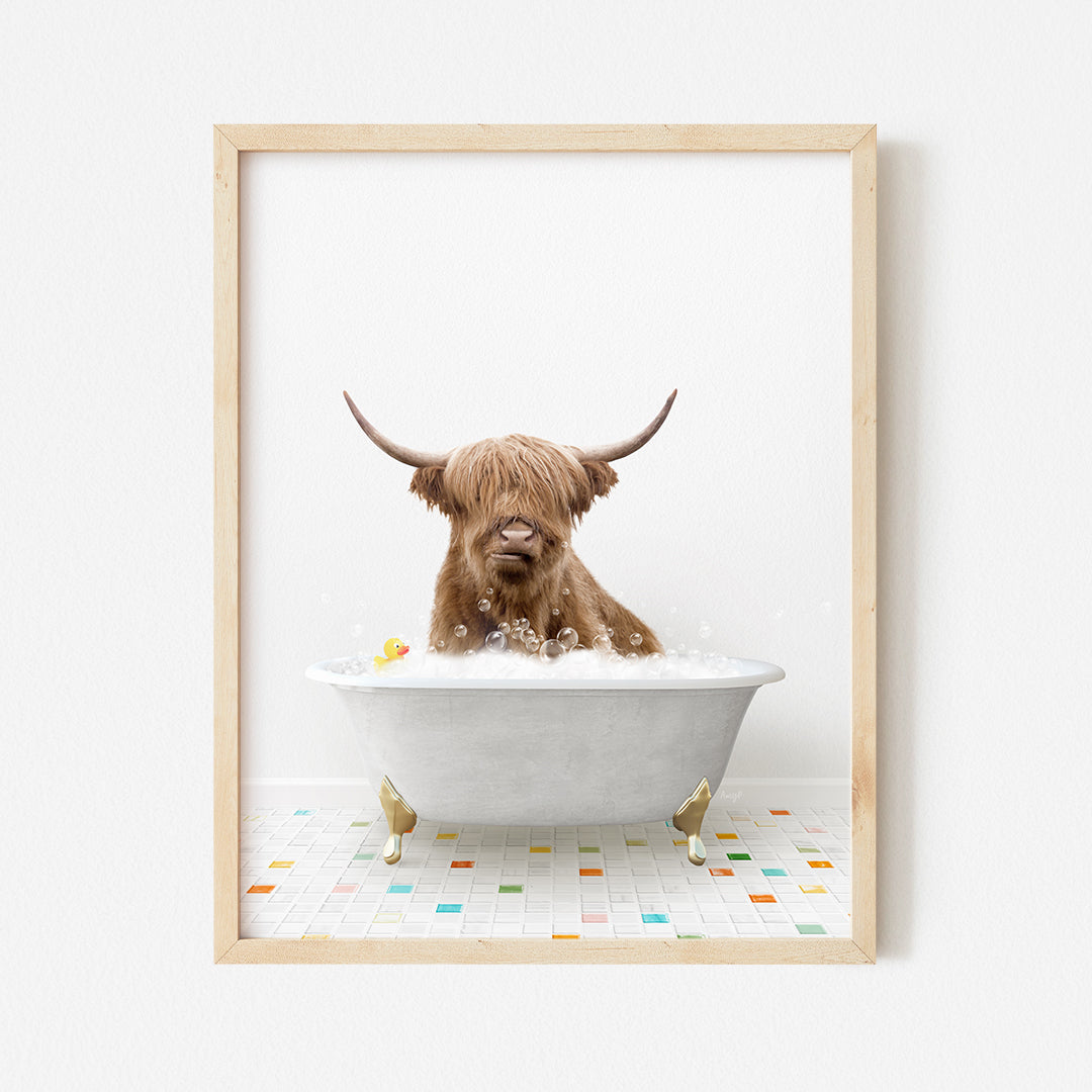 a framed photograph of a bull in a bathtub