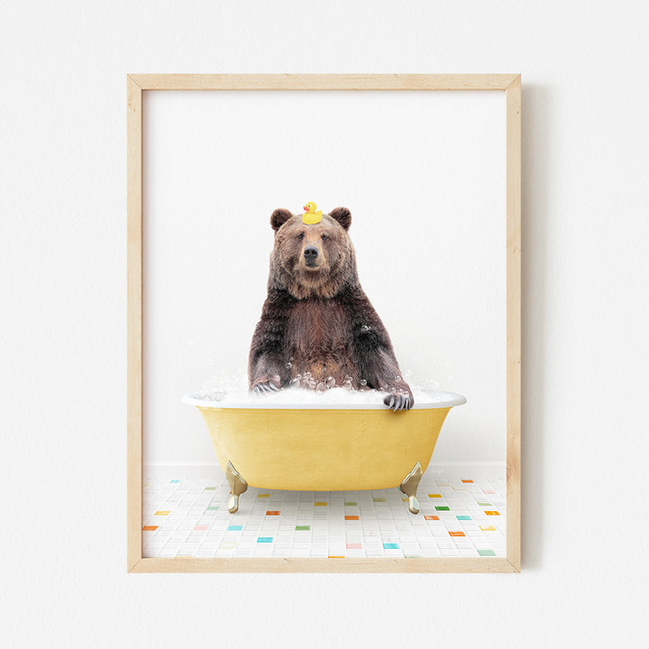 a bear sitting in a bathtub with a crown on its head