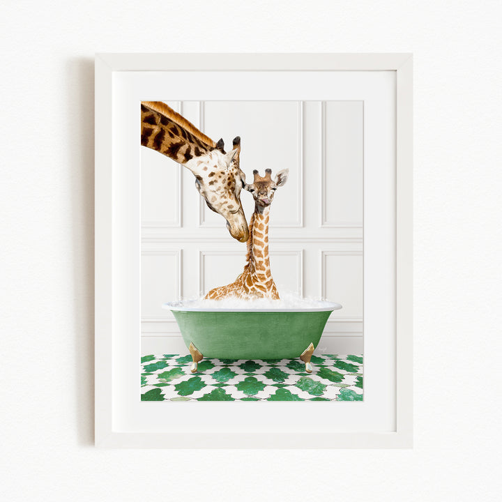 A mother giraffe and her baby giraffe are enjoying a bath together in a green bathtub, with the mother gently licking her baby.