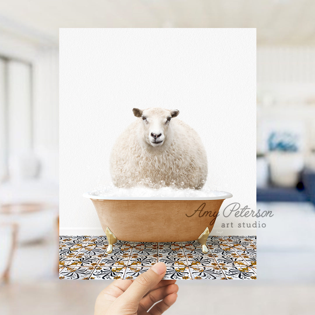 a hand holding a card with a sheep in a bathtub