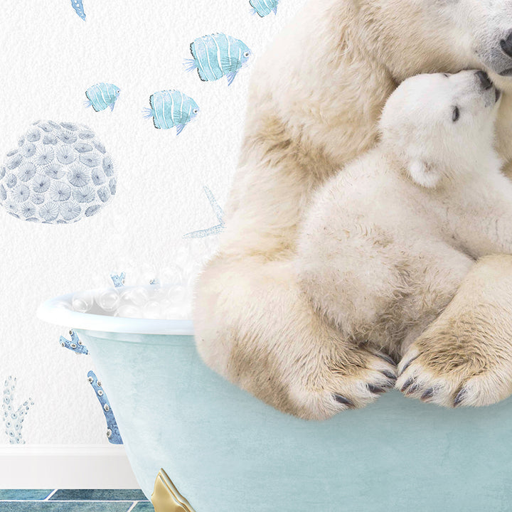 a mother polar bear cuddles with her cub in a bathtub