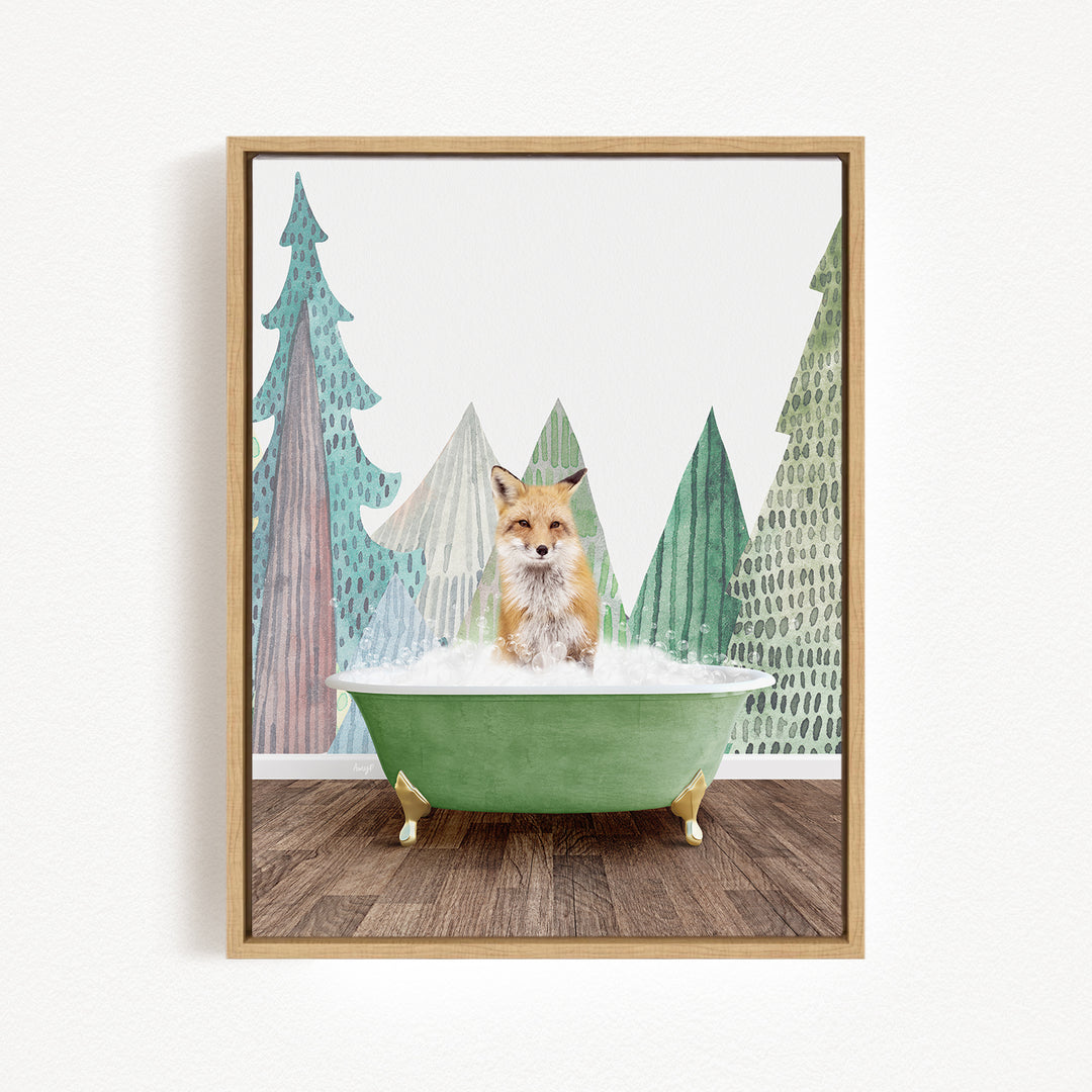 A fox is sitting in a green bathtub, surrounded by a forest scene with trees and snow.