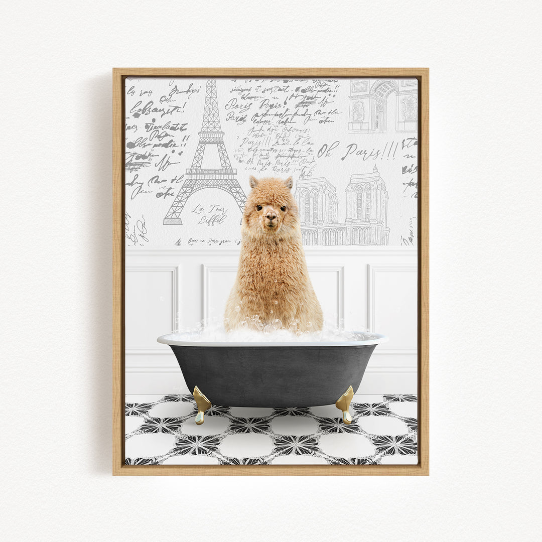 A fluffy alpaca sits in a bathtub filled with bubbles, surrounded by a Paris-themed backdrop with the Eiffel Tower and other landmarks.