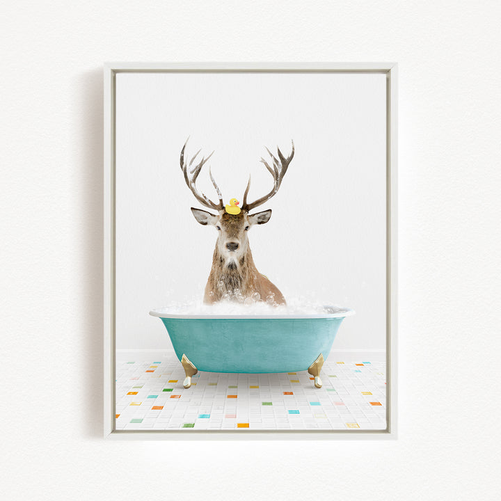 A deer with antlers is sitting in a blue bathtub, with a rubber duck perched on its head.