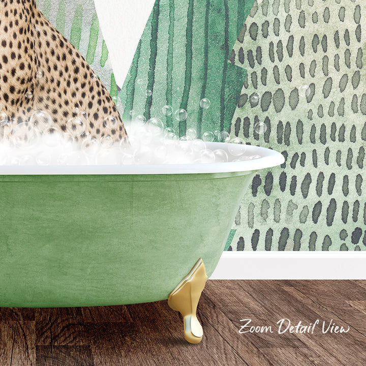 A leopard-print bathtub filled with water and bubbles, with a gold-colored claw-like footrest, against a green and black abstract patterned wall.