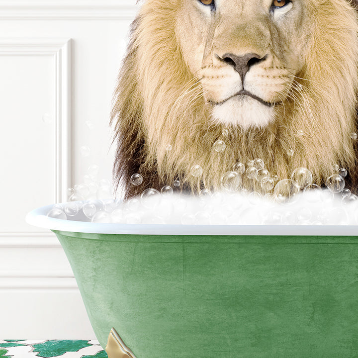 a lion sitting in a bath tub with bubbles