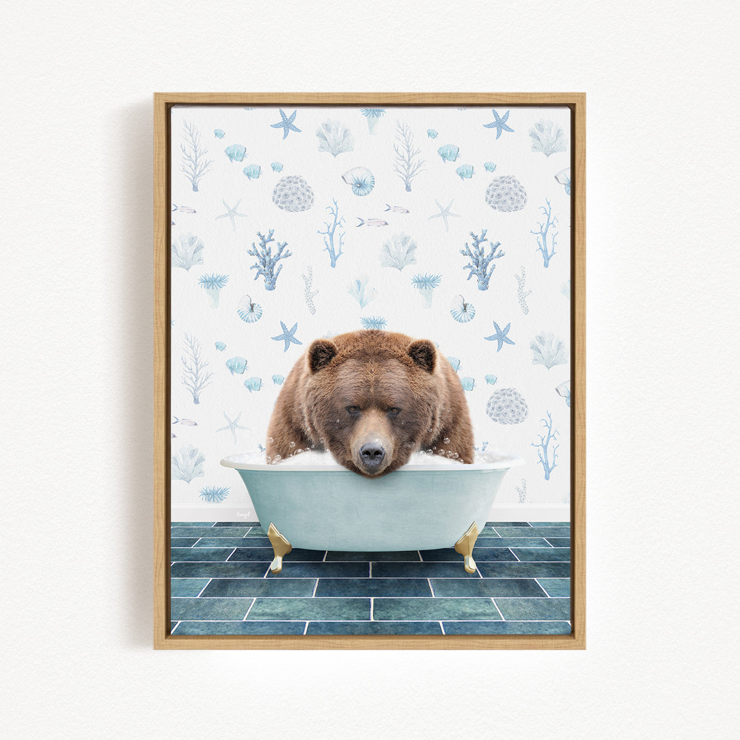 A brown bear is sitting in a bathtub filled with water, surrounded by various marine life and plants, creating a whimsical and playful scene.