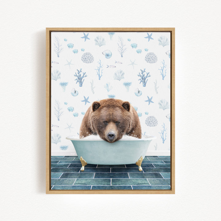A brown bear is sitting in a bathtub filled with water, surrounded by various marine life and plants, creating a whimsical and playful scene.