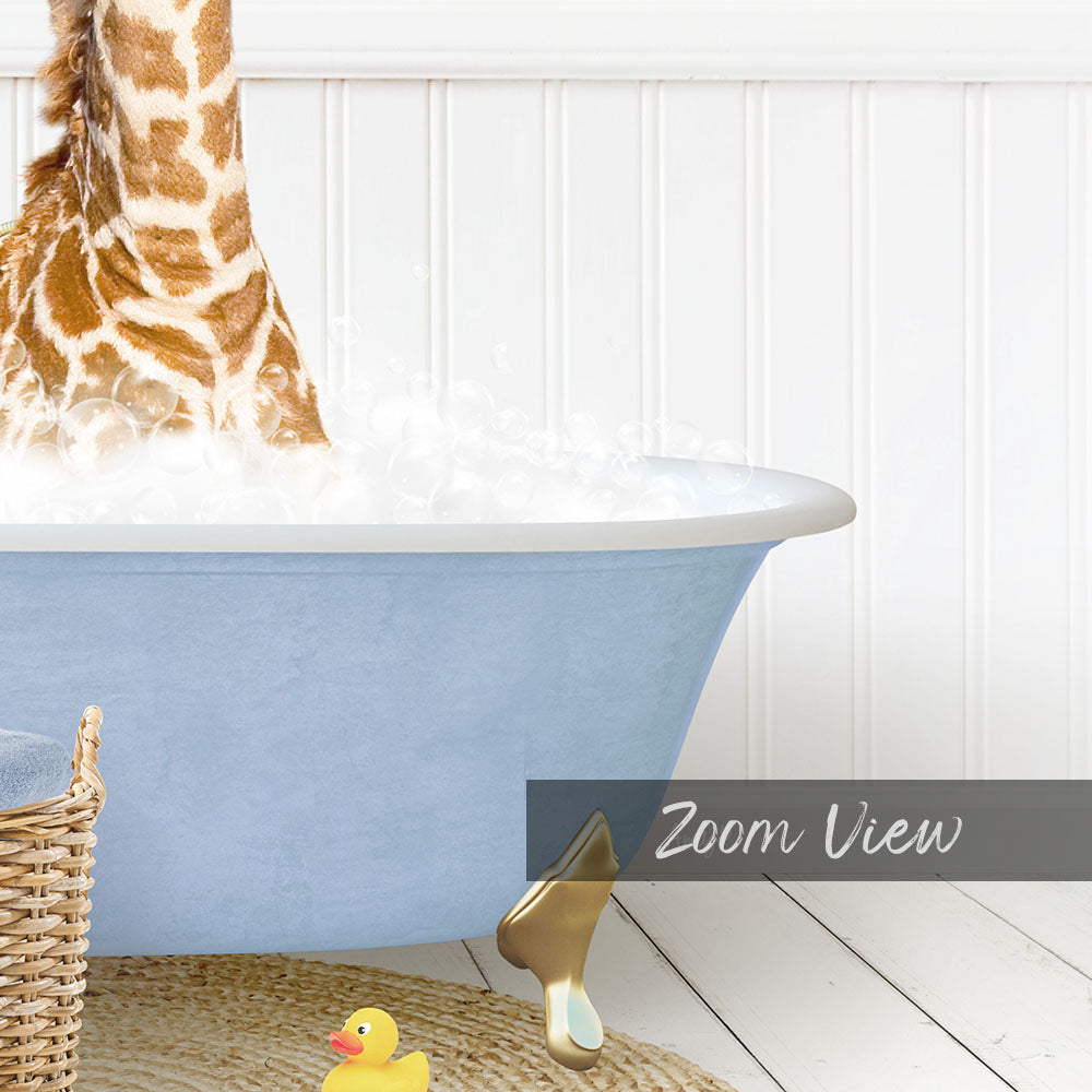 A giraffe standing in a blue bathtub filled with water, surrounded by a yellow rubber duck and a basket.