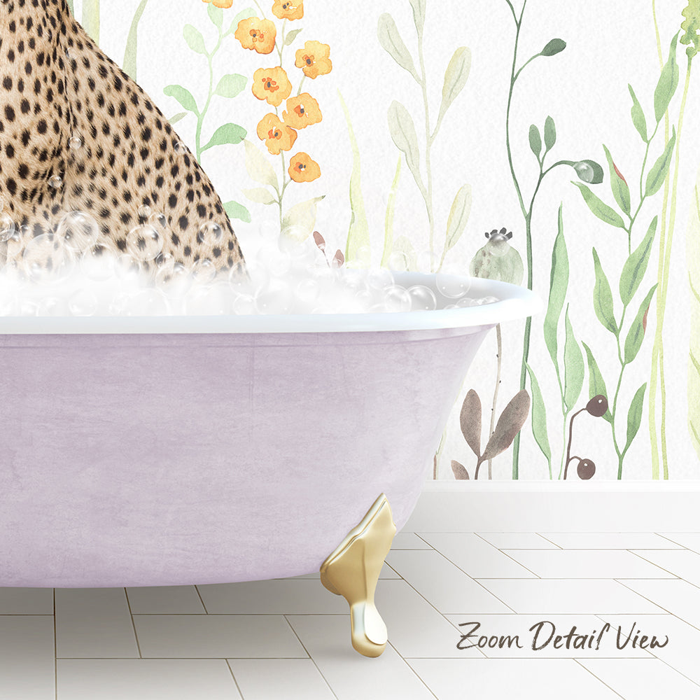 A cheetah is sitting in a bathtub filled with water, surrounded by a floral wallpaper.