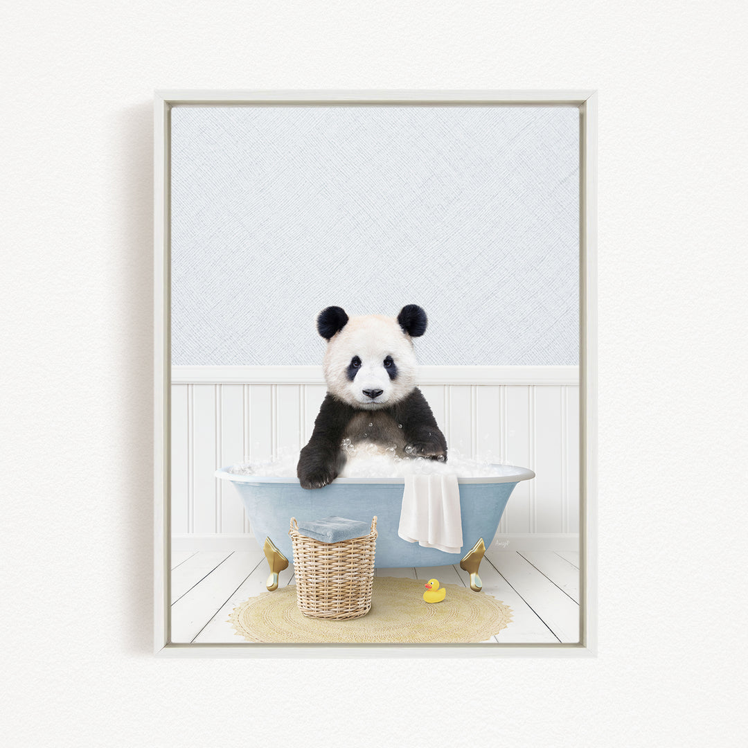 A panda bear sitting in a bathtub filled with water, surrounded by rubber ducks.
