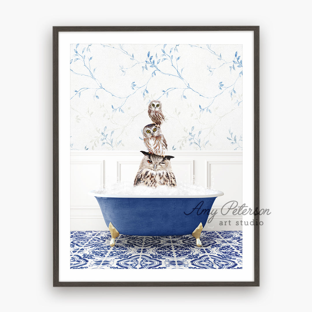 a blue and white bathtub with a statue in it