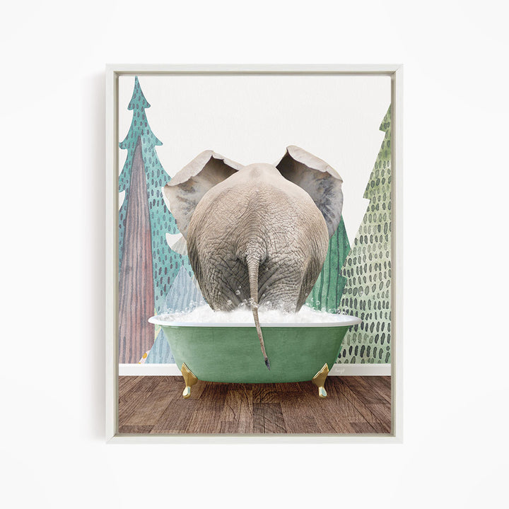 An elephant is taking a bath in a green tub, surrounded by trees and a snowy landscape.