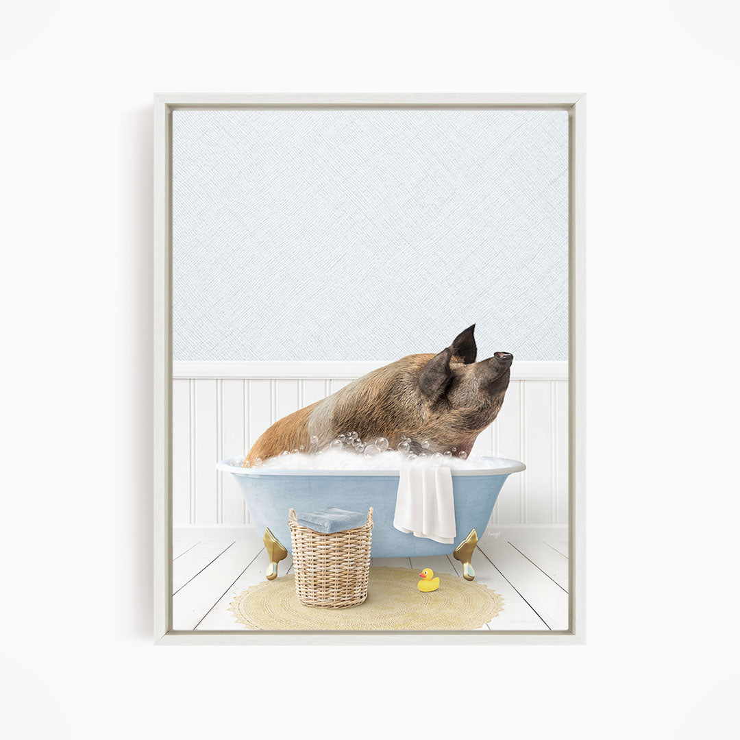 A brown dog is sitting in a blue bathtub filled with water, surrounded by a yellow rubber duck and a wicker basket.