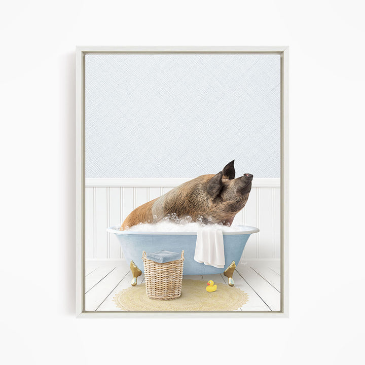 A brown dog is sitting in a blue bathtub filled with water, surrounded by a yellow rubber duck and a wicker basket.