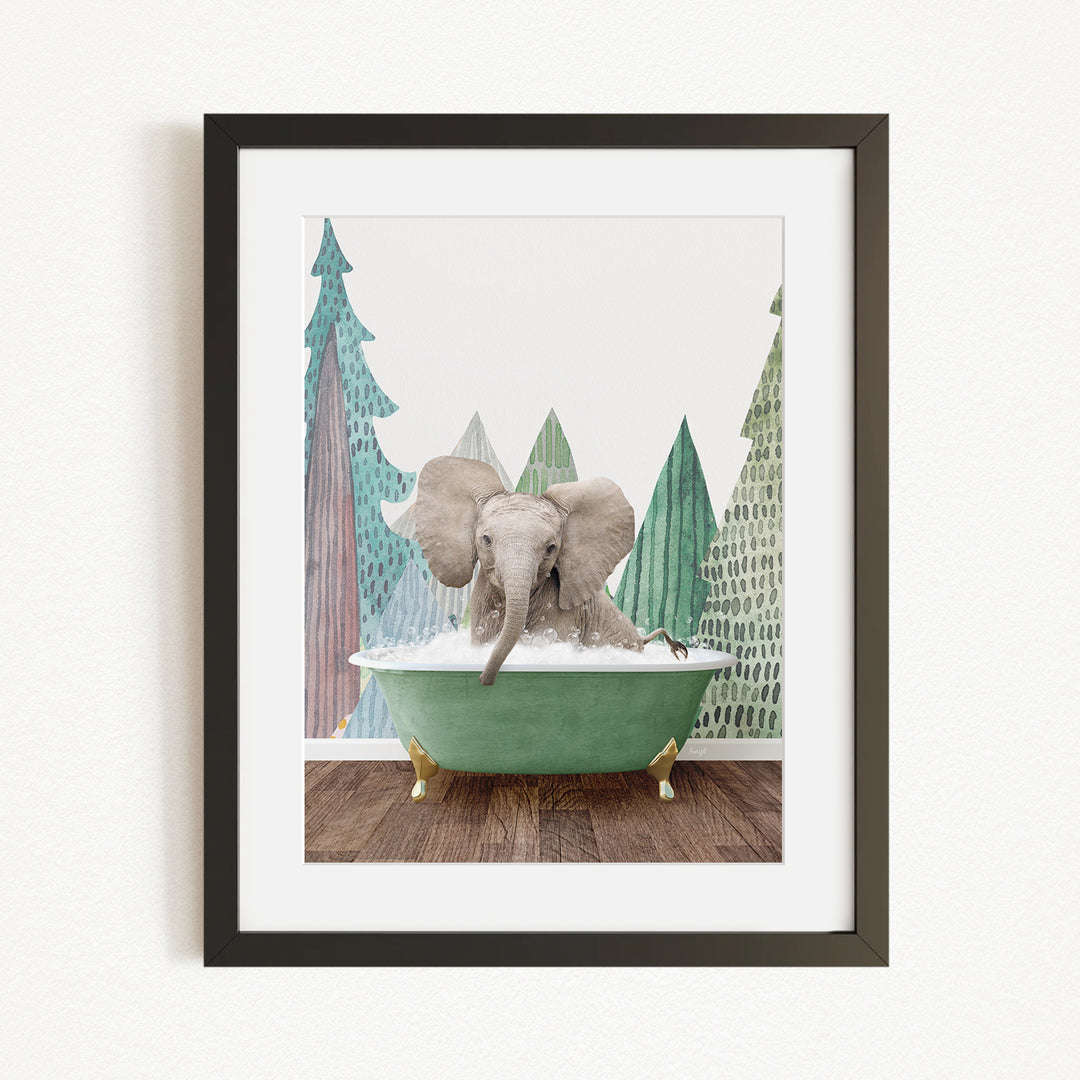 A gray elephant is sitting in a green bathtub, surrounded by a forest-themed background with trees and a snowy landscape.