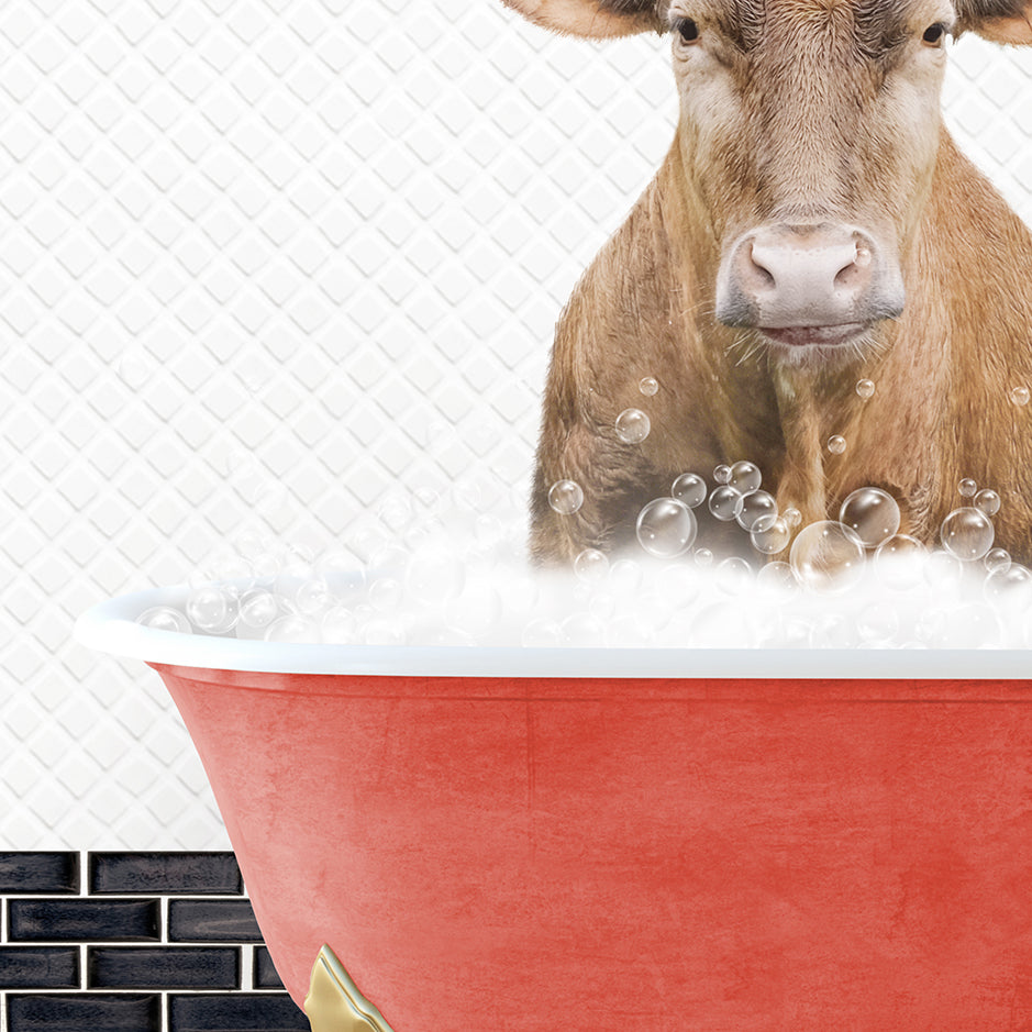 a cow is sitting in a bathtub with bubbles