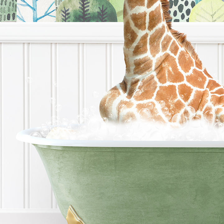 a giraffe sitting in a bathtub with foam on it