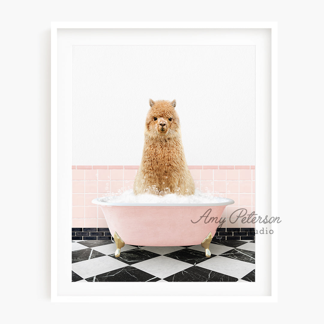 a brown dog sitting in a pink bath tub