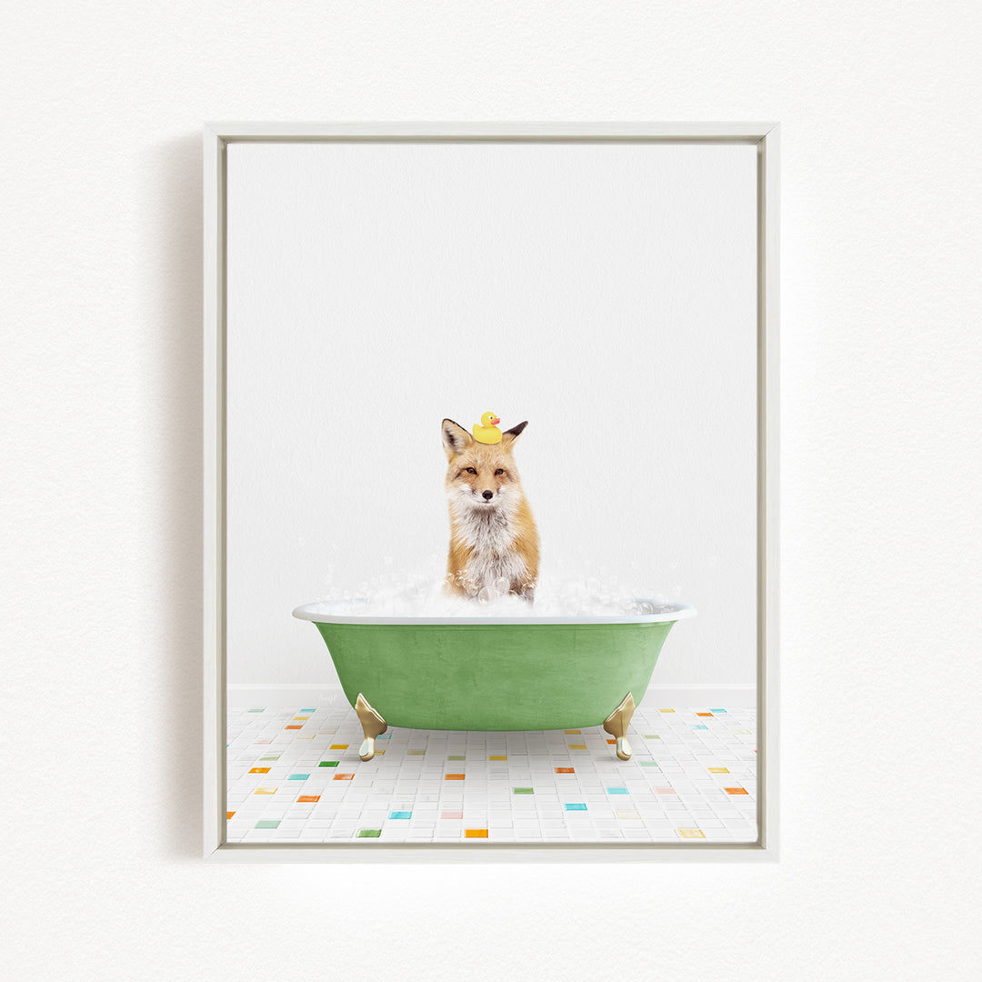 A fox is sitting in a green bathtub filled with bubbles, wearing a yellow rubber duck hat.