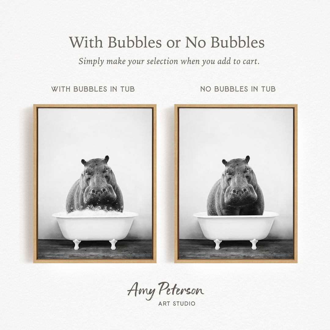 The image is a black and white photograph of a hippopotamus in a tub, with the text "With Bubbles or No Bubbles" above the images.