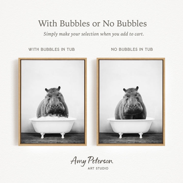 The image is a black and white photograph of a hippopotamus in a tub, with the text "With Bubbles or No Bubbles" above the images.