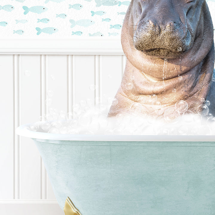 a hippopotamus sitting in a bathtub full of bubbles