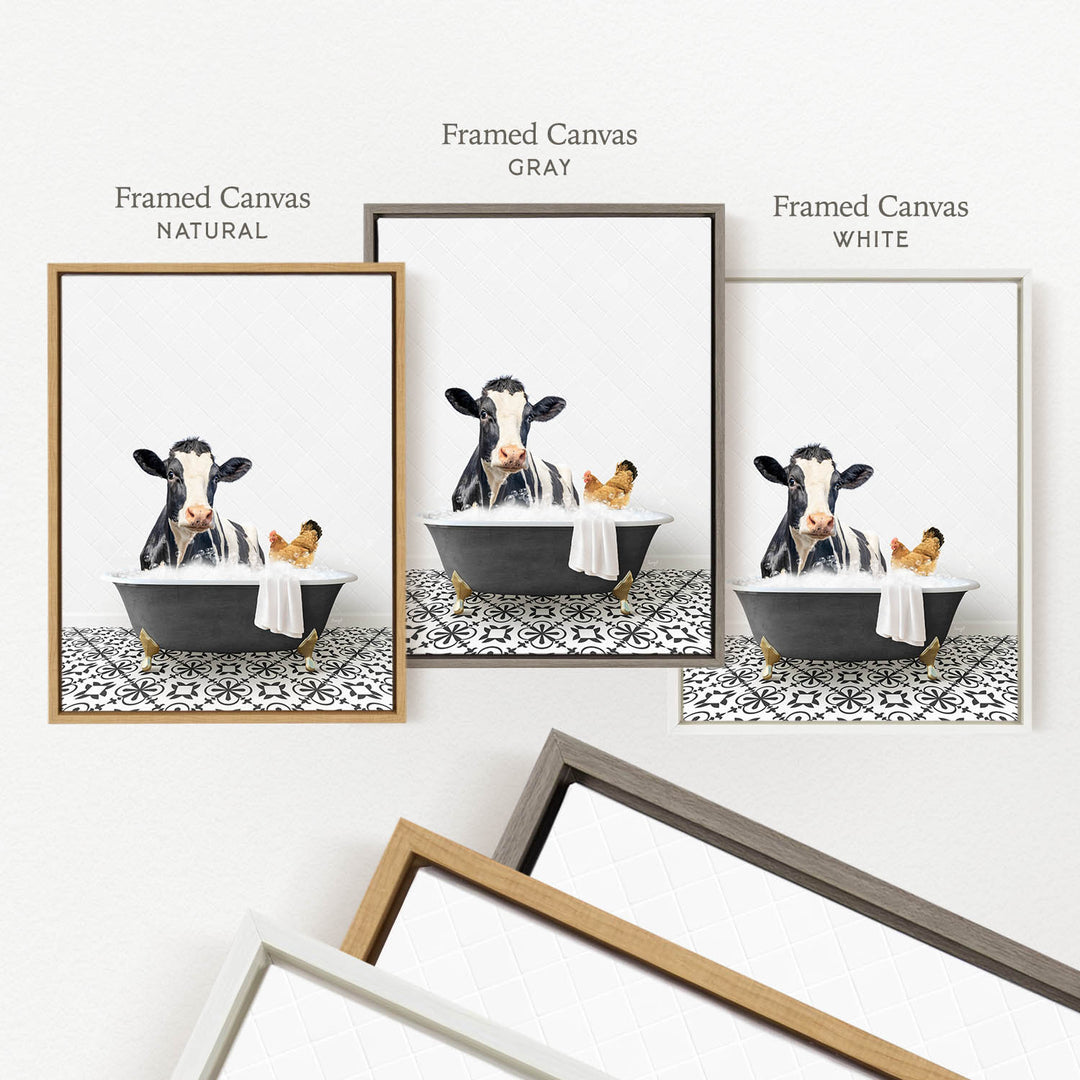 three framed prints of a cow sitting in a bathtub, each with a different colored frame. The cow is depicted in a relaxed and playful manner, surrounded by a towel and a chicken. The framed prints are arranged in a row, showcasing the cow in various colored frames.