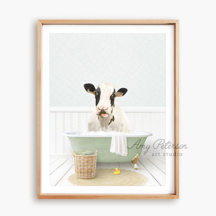 a picture of a cow in a bathtub