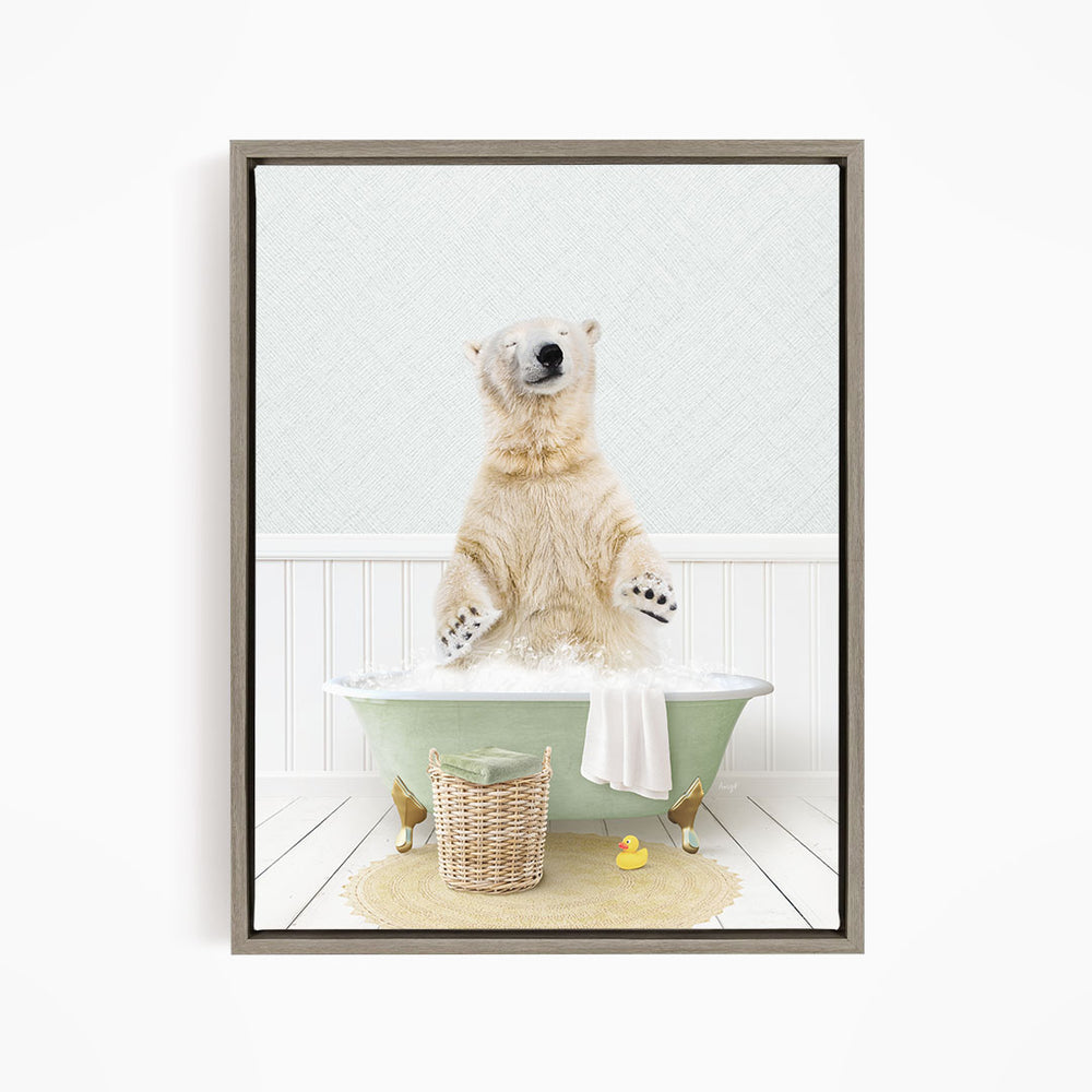 A polar bear sitting in a green bathtub filled with bubbles, surrounded by rubber ducks and a basket.