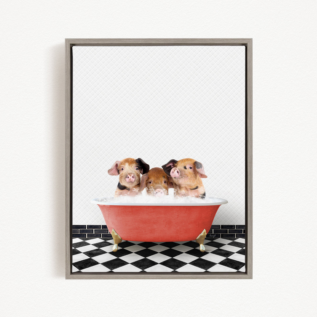 Three adorable pigs sitting in a red bathtub, enjoying a relaxing bath.