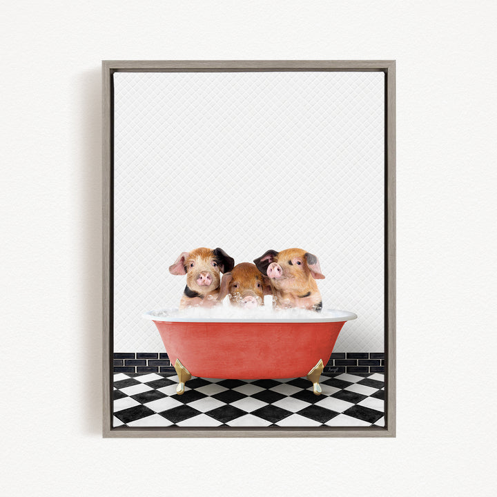 Three adorable pigs sitting in a red bathtub, enjoying a relaxing bath.
