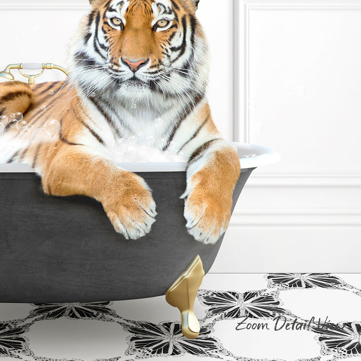 A tiger resting in a bathtub, surrounded by bubbles, with a black and white patterned floor in the background.