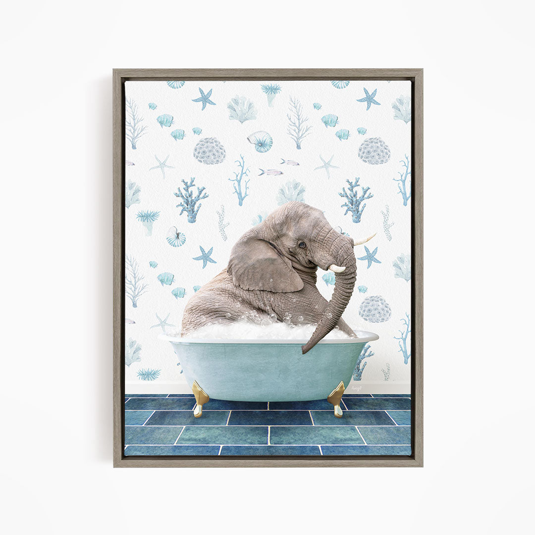 An elephant is sitting in a blue bathtub filled with water, surrounded by a pattern of seashells, starfish, and other marine life.