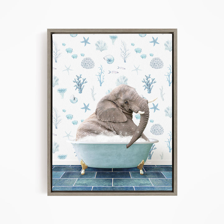 An elephant is sitting in a blue bathtub filled with water, surrounded by a pattern of seashells, starfish, and other marine life.