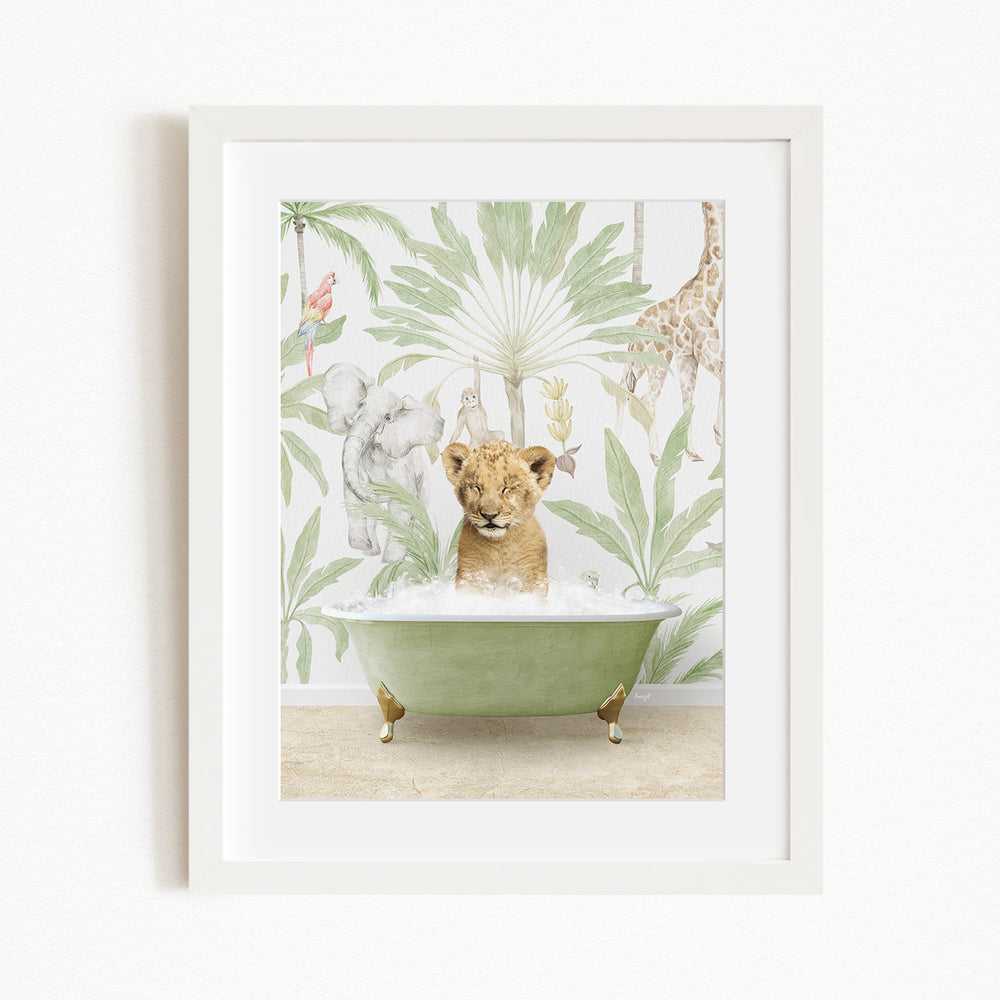 A young lion cub sitting in a green bathtub, surrounded by a tropical jungle scene with various animals, including a giraffe, elephant, and parrot.