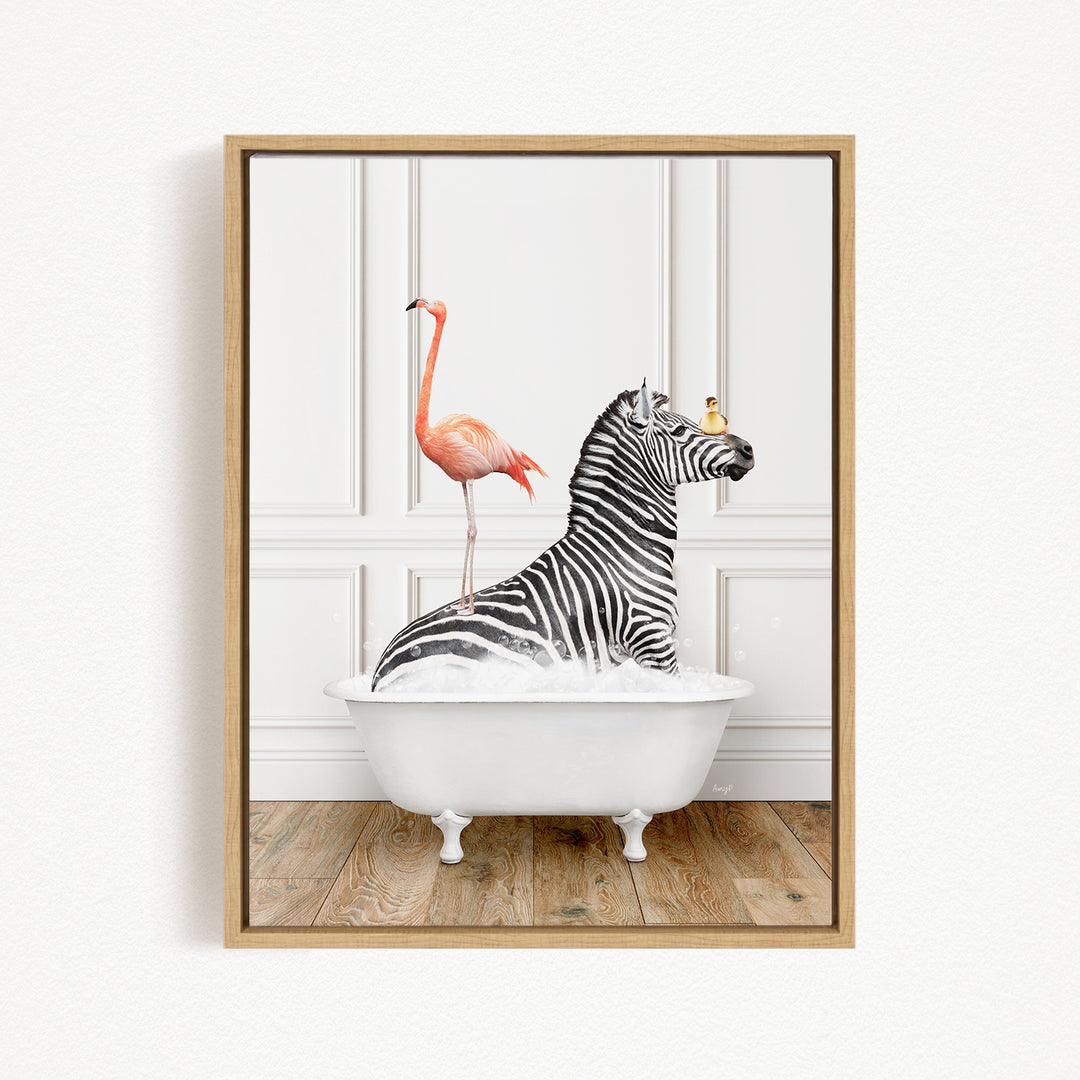 A zebra is sitting in a white bathtub, with a pink flamingo standing on its back and a yellow bird perched on its head.