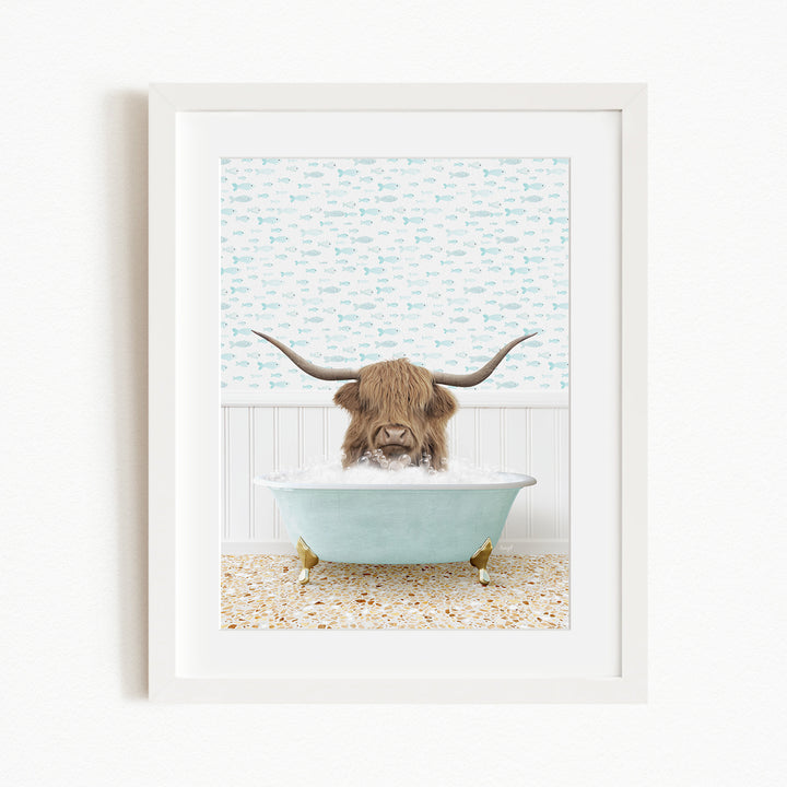 A brown cow with long horns is sitting in a light blue bathtub, surrounded by a patterned wall and a beige floor.