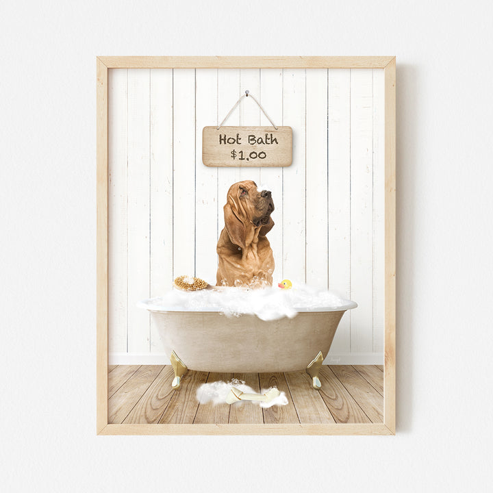 a dog sitting in a bathtub with a sign above it