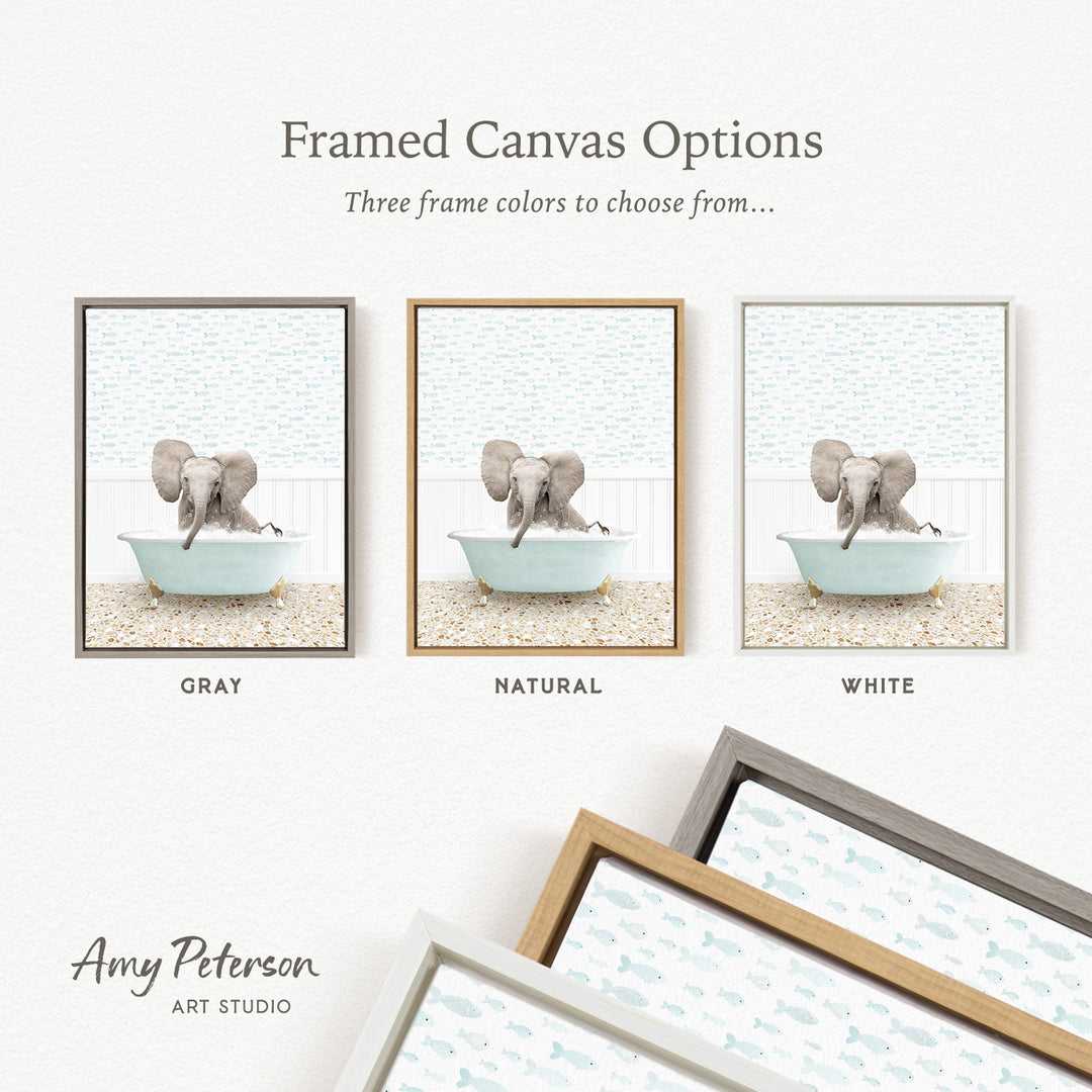 three framed canvas options featuring a gray elephant in a bathtub, with each option having a different frame color: gray, natural, and white.