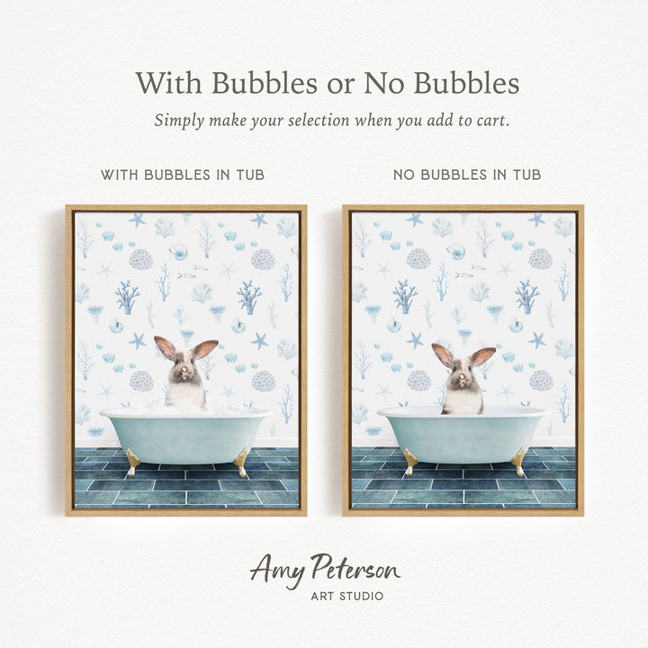 The image is a collage of two framed pictures, each depicting a rabbit sitting in a bathtub. The text above the images reads "With Bubbles or No Bubbles" and below the images, it says "Simply make your selection when you add to cart."