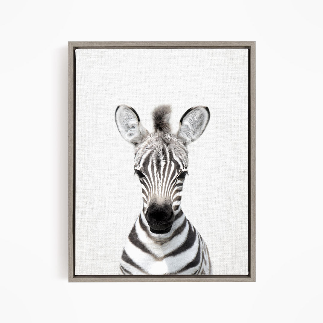 A black and white portrait of a zebra with its distinctive striped pattern and large ears.