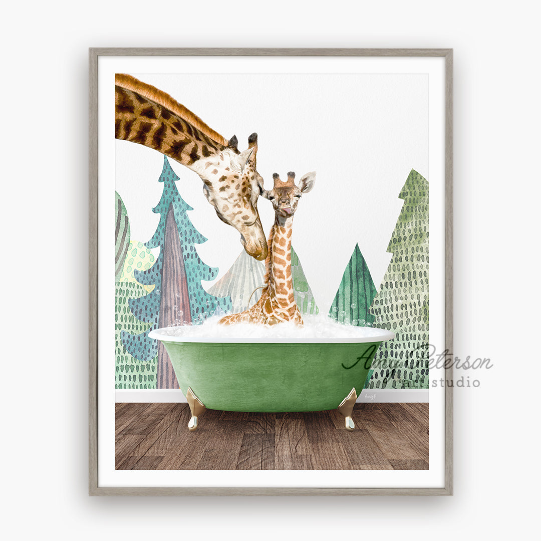 a giraffe and a baby giraffe in a bathtub