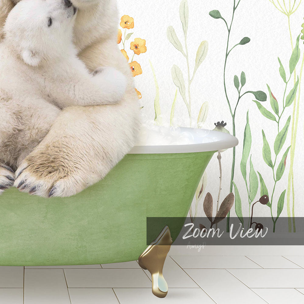 A polar bear is sitting in a green bathtub, surrounded by a floral wallpaper and a plant-like decoration.